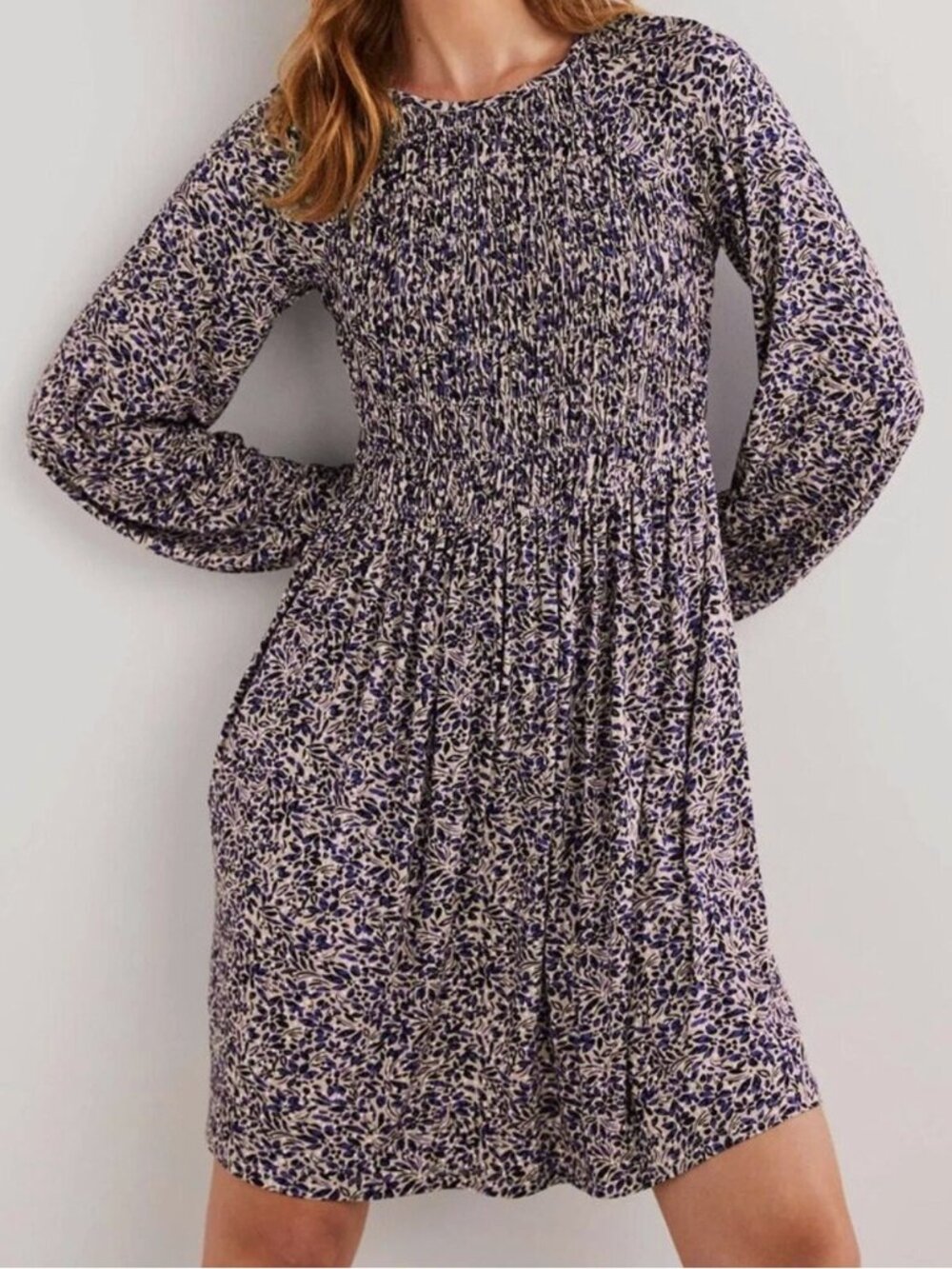 BODEN Persian Blue Leaf Cluster Smocked Bodice Jersey Dress sz 12 R